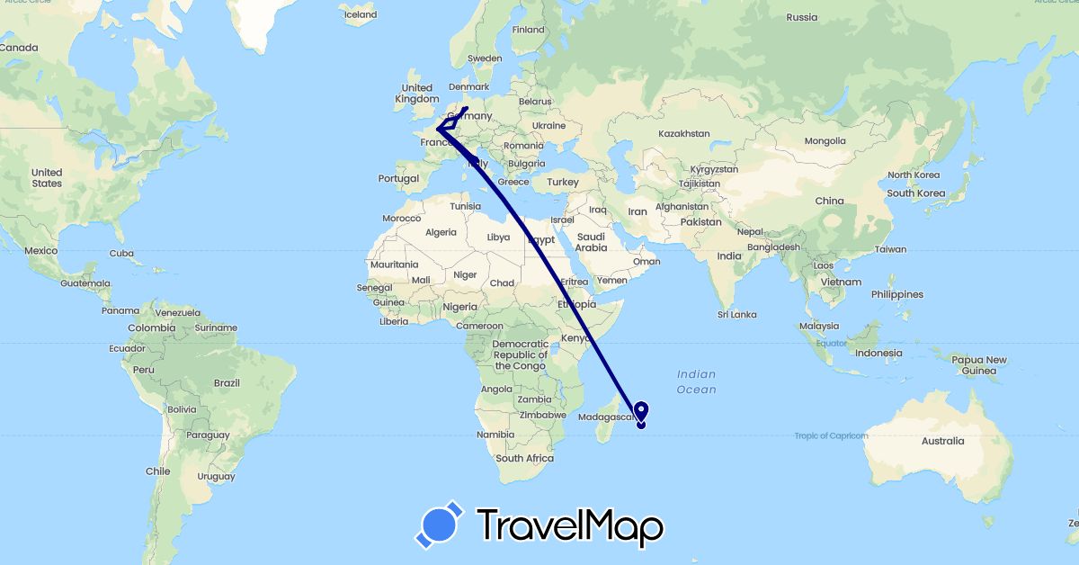 TravelMap itinerary: driving in Belgium, Germany, France, Italy (Europe)
